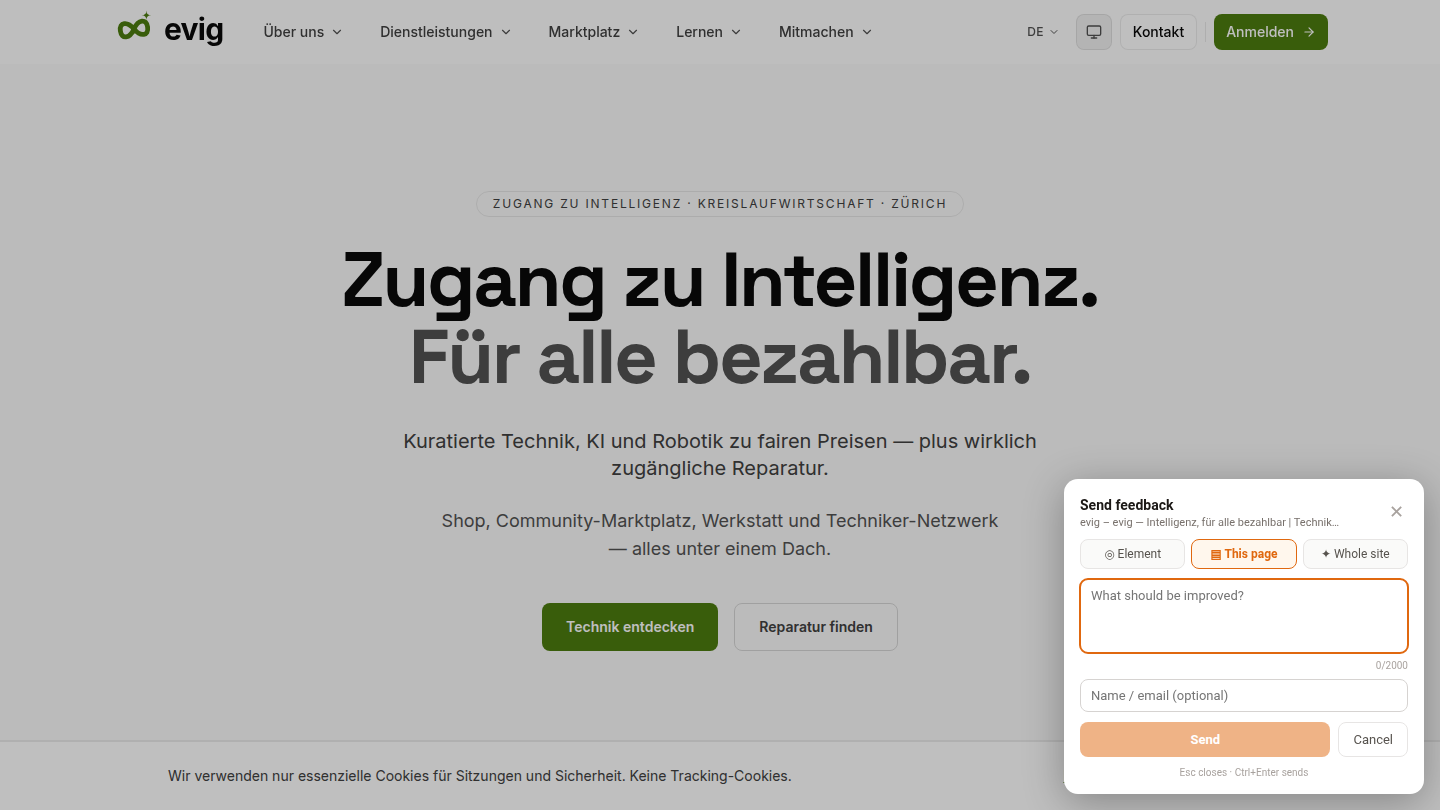 The widget open on a live customer site — the visitor picks a scope, points at an element, and submits.